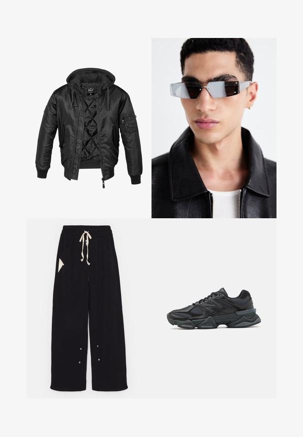 Czarna kurtka bombowca z kapturem, wykonana z błyszczącego nylonu, z pikowaną podszewką, ściągaczami przy mankietach i zasuwaną kieszenią na rękawie.; Czarny T-shirt z krótkim rękawem wykonany z bawełny, z okrągłym dekoltem i luźnym krojem. Gładka faktura z minimalnymi detalami przeszycia.; Czarne spodnie w szerokim kroju wykonane z miękkiej tkaniny, z elastycznym pasem na sznurek, bocznymi kieszeniami oraz trójkątną kieszonką akcentującą. Zawierają elementy ze srebrnego metalowego wykończenia.; Czarne buty biegowe z mieszanką siateczki i materiałów syntetycznych, masywną podeszwą, opływowym kształtem oraz wyraźnym brandingiem z boku.; Kątowe, szare okulary przeciwsłoneczne z metalowymi elementami w kolorze srebrnym, na jasnym tle. Soczewki mają unikalny, geometryczny kształt.
