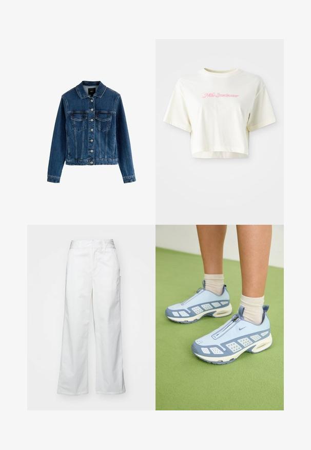 Giacca in denim, blu scuro, con bottone frontale, due tasche sul petto, colletto, maniche lunghe, superficie testurizzata, orlo accorciato.; T-shirt tagliato di colore crema, realizzato in cotone. Presenta un logo ricamato rosa che dice "Nike Sportwear." Maniche corte e scollo rotondo.; Pantaloni bianchi a gamba larga realizzati in cotone, con una texture liscia, vestibilità dritta, tasche frontali e orlo pulito.; Scarpe da ginnastica azzurro chiaro con dettagli bianchi, pannelli testurizzati e chiusura con zip. Presentano una suola con imbottitura ad aria visibile e una suola in gomma.