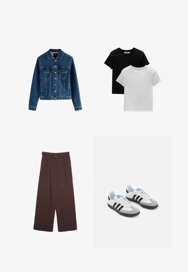 Farkkutakki, tummansininen, napitettava etuosa, kaksi rintataskua, kaulus, pitkät hihat, teksturoitu pinta, lyhennetty helma.; Kaksi crew-neck t-paitaa mustana ja valkoisena, valmistettu puuvillasta. Ne sisältävät lyhyet hihat ja yksivärisen muotoilun ilman kuvioita tai korostuksia.; Stradivarius WIDE-LEG WITH BUCKLE DETAIL - Housut - dark brown; Urheilukengät, joissa on valkoinen nahkainen päällinen, harmaa mokkanokka ja kolme mustaa raitaa. Ominaisuuksina sininen logo kielekkeessä ja kuvioitu kumipohja.