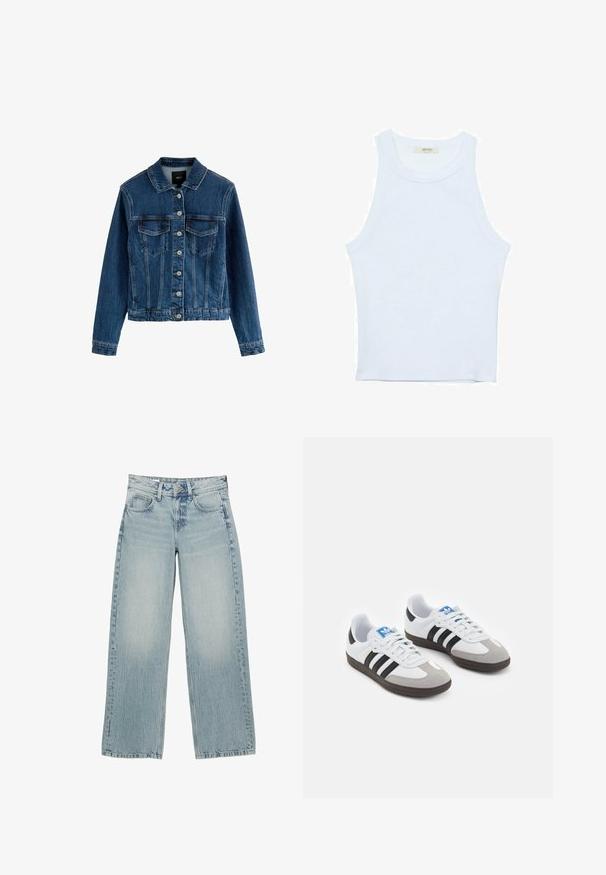 Džínová bunda, tmavě modrá, na knoflíky, dvě náprsní kapsy, límec, dlouhé rukávy, texturovaný povrch, zkrácený lem.; Bílý top bez rukávů, žebrovaná textura, kulatý výstřih, obtáhnutý střih, decentní značka na štítku uvnitř oblasti límce.; Svetle modré džíny s širokými nohavicemi a vysokým pasem, které mají pět kapes, zapínání na knoflík a jemné vyblednutí pro opotřebovaný vzhled.; Sportovní boty s bílým koženým svrškem, šedou semišovou špičkou a třemi černými pruhy. Obsahují modré logo na jazyku a texturovanou gumovou podrážku.