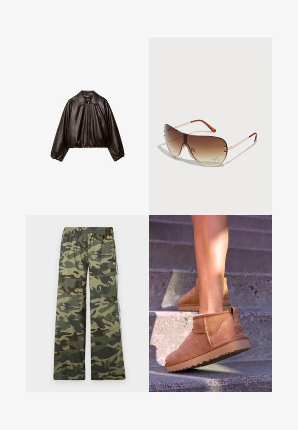 Ruskea tekonahkainen lyhyt takki, jossa on kauluksellinen kaula, vetoketjusuljin ja puffihihat, sekä sileä pinta ja joustava vyötärö.; Harmaa vetoketjullinen huppari, jossa on suuri huppu, pitkät hihat ja etutaskut. Sileä pinta, rento istuvuus ja minimaalinen yksityiskohtaisuus.; Valkoinen puuvillainen hihaton toppi leveillä olkaimilla, pyöreällä kaula-aukkolla ja sileällä, nauhamaista pintarakennetta. Ei kuvioita tai yksityiskohtia.; Vihreän ja ruskean sävyissä camo-kuvioidut cargo-housut, joissa on leveä lahjemuoto, joustava vyötärö ja sivutaskut, joissa on raidat.; Kahdenruskeat mokkanahkaiset nilkkurit, joissa on pehmeä pinta, kirjailtua yksityiskohtaa ja kumipohja. Kengissä on myös kätevä lenkki kantapäässä, joka helpottaa pukemista.; Aurinkolasit, joissa on ruskea gradient-linssejä, metallirunko ja koristeellinen tähtikuosi, jossa on strasseja oikeassa alalaidassa.; Ruskea nahkainen käsilaukku, jossa on vetoketjukiinnitys, olkahihna ja kohokuvioitu logo-kuvio. Tasainen pinta kullanvärisillä metalliosilla.