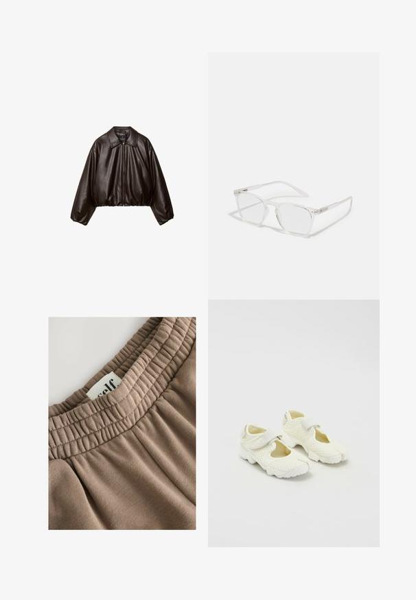 Smeđa lažna kožna skraćena jakna s ovratnikom, zatvaranjem na patentni zatvarač i napučenim rukavima, koja se odlikuje glatkom teksturom i elastičnom pasicom.; Bela pamučna majica bez rukava s širokim naramenicama, okruglim izrezom i glatkom, rebrastom teksturom. Nema uzoraka ili ukrasa.; Smeđi elastični pojas s naboranom teksturom, pridružena oznaka s natpisom "self", a mekani materijal ima glatku površinu i neutralnu nijansu.; Bijele mrežaste cipele sa strukturiranim dizajnom, s čičak trakama i izrezanim stranama, teksturiranim materijalom i debelim potplatom.; CHPO ZEBBE UNISEX - Naočale sa zaštitom od plave svjetlosti - transperent; DRAGON DIFFUSION ROSANNA - Ručna torba - dark brown