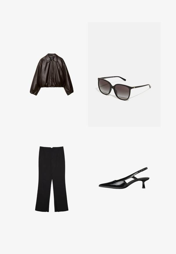 Brun imitation läder kort jacka med krage, zip-stängning och puffiga ärmar, med en slät yta och elastisk midja.; Vit ärmlös topp med rund halsringning. Tillverkad av ett mjukt tyg, har den en avslappnad passform och minimalistisk design. Inga mönster eller detaljer.; Svarta byxor med rak passform, utrustade med framfickor och sidoklyvningar vid fållen. Tillverkade av mjukt, slätt tyg. Lämpliga för olika tillfällen.; Svart lackläder slingback-klackar med spetsig tå, utskuren sidor och en liten fyrkantig klack. Slät textur med minimala accenter.; Svarta rektangulära solglasögon med gradientlinser, plastram och metallisk logotypdetalj på skalmen. Klassisk design med mjuk textur.; Vit läderhandväska med en strukturerad design, som har ett ovanförhandtag och en guldfärgad lås. Slät textur och minimalistiska detaljer.