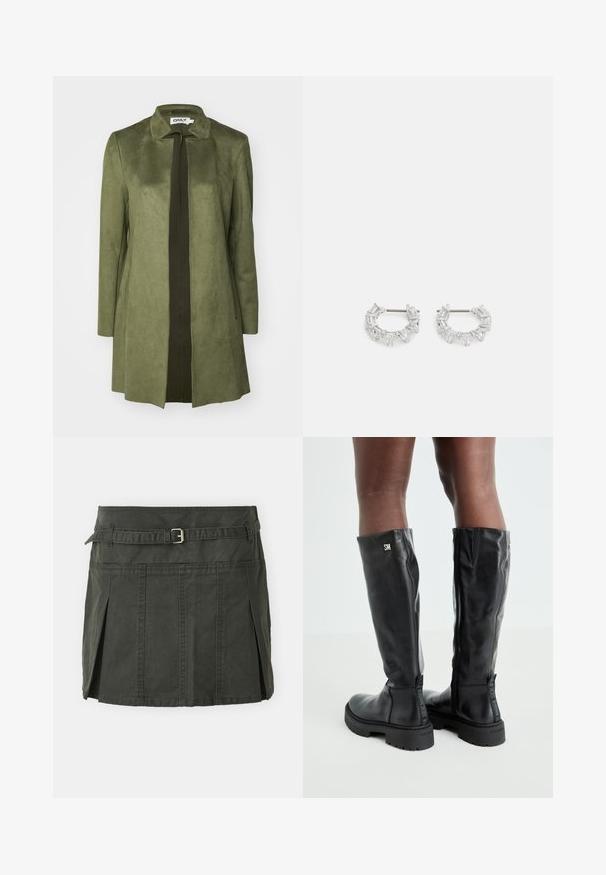 Olivgrön, mockakappa med en strukturerad krage och öppen frontdesign. Har långa ärmar och rak passform, med en kontrasterande panel.; Ljusgrå kort stickad tröja med svartvita blommönster, rund halsringning och ribbade ärmslut. Mjuk textur, avslappnad design.; Mörkgrön, bomull mini kjol med en figursydd midja, ett bälte och framfall. Har stikningar och en klassisk passform.; Svarta knähöga läderstövlar med en slät textur, rund tå, kraftig sula och dragkedjestängning. Har en silverlogotyp på sidan.; Silverfärgade hoops örhängen som har klara, rektangulära och triangulära kristaller arrangerade i ett mönstrat design. Stift för säker fastsättning.