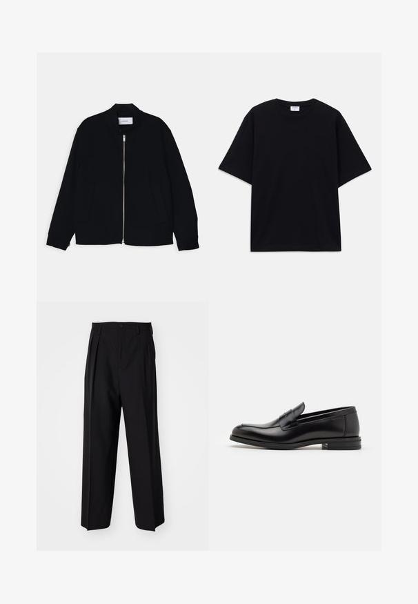 Jachetă bomber neagră cu guler înalt, închidere frontală cu fermoar și două buzunare laterale. Fabricată dintr-un material neted, cu manșete ribbate.; Tricou oversized cu mânecă scurtă, de culoare neagră, cu decolteu rotund și etichetă Filippa K vizibilă în interiorul gulerului.; Pantaloni negri plisat cu un design drept și pantaloni largi. Construiți dintr-un material neted, prevăzuți cu închidere cu nasture și bucle pentru curea.; Mocasini din piele neagră cu o textură netedă, vârf rotund și o curea decorativă peste partea superioară. Toc mic, design minimalist.