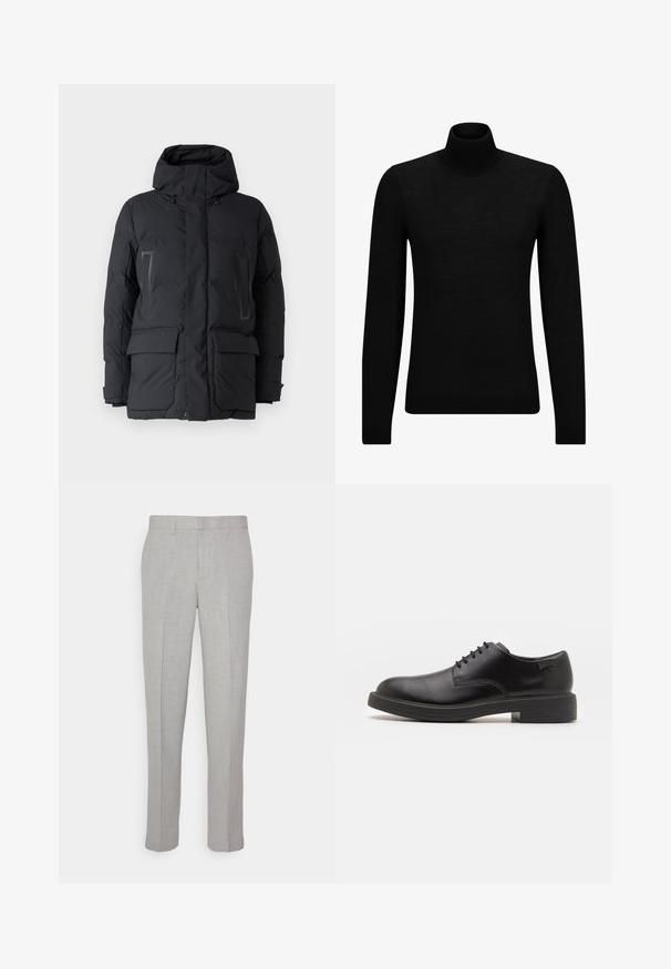 Fekete puffernadrág, magas gallérral, cipzárral és patent gombokkal, két elülső zsebbel és sima, steppelt textúrával.; Fekete garbó pulóver puha anyagból, hosszú ujjakkal és szoros fazonnal. Ribbed díszítés az alján és az ujjak végén. Egyszerű dizájn.; Világosszürke nadrág, sima textúrával, lapos elülső résszel és egyenes lábakkal. Lélegző anyagból készült, belső zsebekkel és övjáratokkal ellátva.; Fekete bőrcipő, kerek orrú, sima felületű, minimális varrással és alacsony gumitalppal. Logó a sarokrészen.