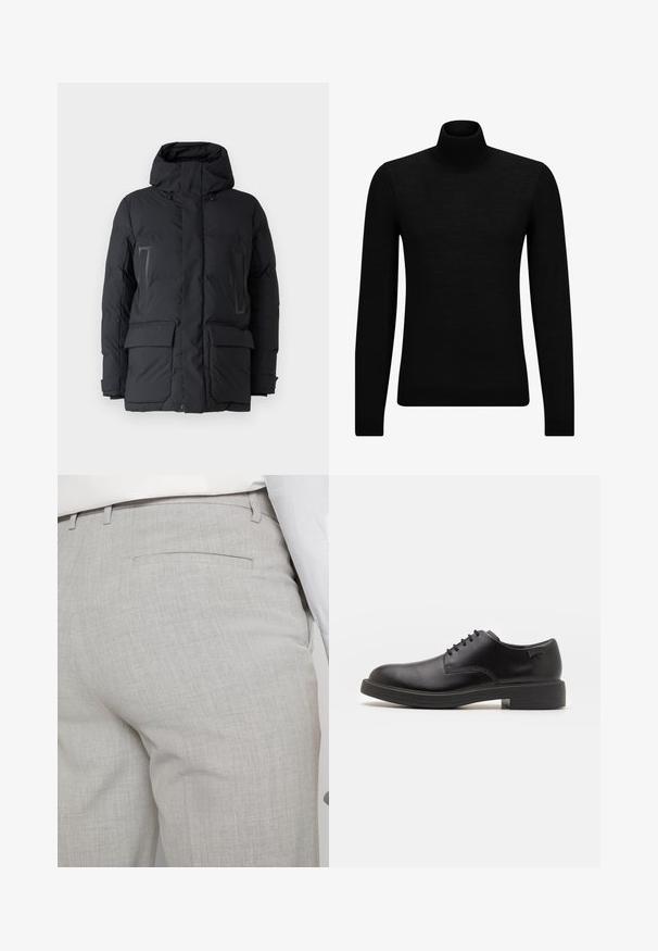 Schwarze Pufferjacke mit hohem Kragen, Reißverschluss und Druckknopfverschlüssen, zwei vorderen Taschen und glatter, gesteppten Textur.; Schwarzer Rollkragenpullover aus weichem Material mit langen Ärmeln und enger Passform. Rippbesatz am Saum und an den Bündchen. Einfaches Design.; Hellgraue, maßgeschneiderte Hose aus strukturiertem Stoff, mit einer einzelnen Gesäßtasche und sauberer Nahtführung.; Schwarzer Leder-Schnürschuh mit abgerundetem Zeh, glatter Textur, minimaler Naht und niedrigem Gummiabsatz. Logo auf der Ferse.