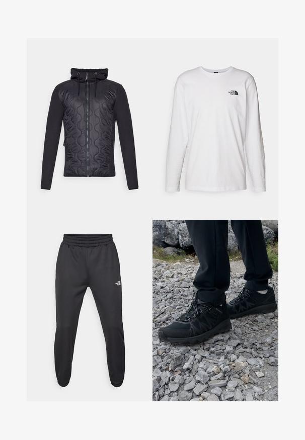 Icepeak PURVIS - Fleecová bunda - anthracite; Bílý dlouhý rukáv tričko vyrobené z bavlny s kulatým výstřihem. Na hrudi se nachází malé černé logo. Hladká textura, běžný střih.; Černé tepláky s nastavitelným pasem, zúženým střihem, elastickými manžetami a malým bílým logem na levém stehně, vyrobené z hladké tkaniny.; Černé venkovní boty z prodyšného a syntetického materiálu, s texturovaným svrškem, bezpečným šněrovacím systémem a robustní podrážkou, na skalnatém terénu.