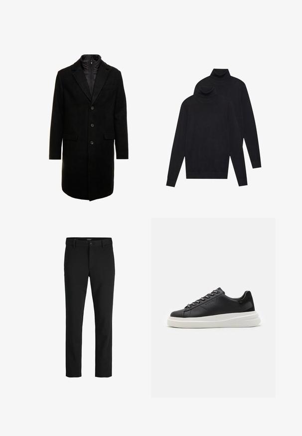 Crni kaput od vune s mješavinom, elegantnog dizajna, s odvojivim izoliranim unutarnjim slojem, tri gumba i dva prednja džepa.; Dva crna pulovera s dugim rukavima i visokim ovratnikom, jednostavna pletenina, složeni jedan iza drugog na bijeloj pozadini.; Crne hlače izrađene od glatkog materijala, s klasičnim dizajnom, ravnim krojem, prednjim kopčanjem na dugme i bočnim džepovima.; Crne kožne tenisice s bijelim gumenim potplatima, s ravnim vezicama i brendiranim rupama za vezanje. Mekana tekstura s kontrastnim bočnim naglaskom.