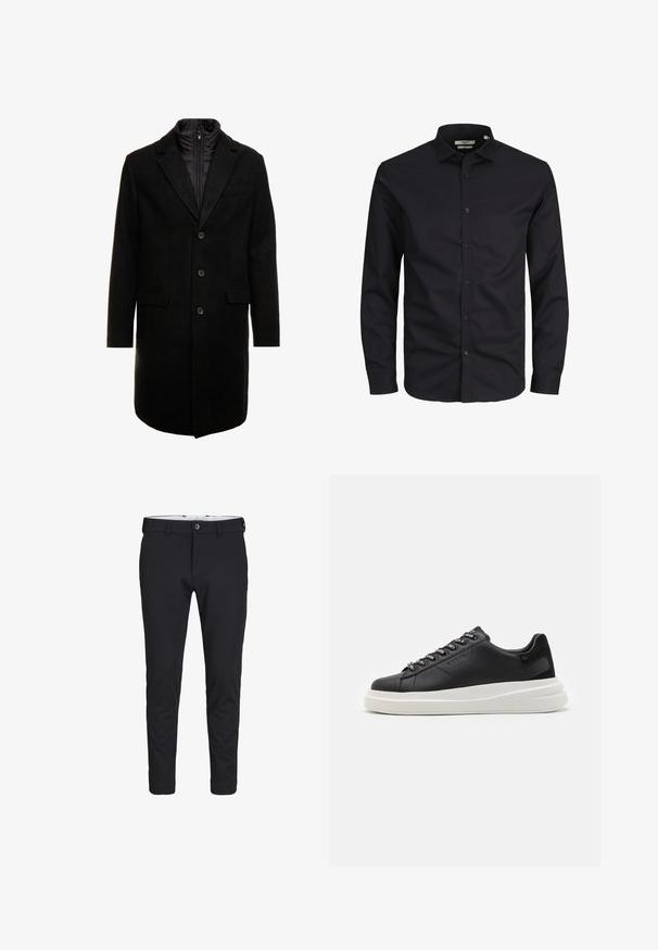 Cappotto lungo in misto lana nero dal design elegante, con uno strato interno isolato rimovibile, tre bottoni e due tasche frontali.; Camicia nera a maniche lunghe con bottoni, realizzata in cotone, con colletto a punta, bottoni frontali e una vestibilità classica. Texture liscia, senza fantasie.; Pantaloni neri realizzati in un tessuto liscio e elastico. Hanno una vestibilità slim, chiusura con bottone e tasche a filetto sui lati.; Sneaker in pelle nera con suola in gomma bianca, dotato di lacci piatti e occhielli brandizzati. Texture morbida con un accento laterale a contrasto.