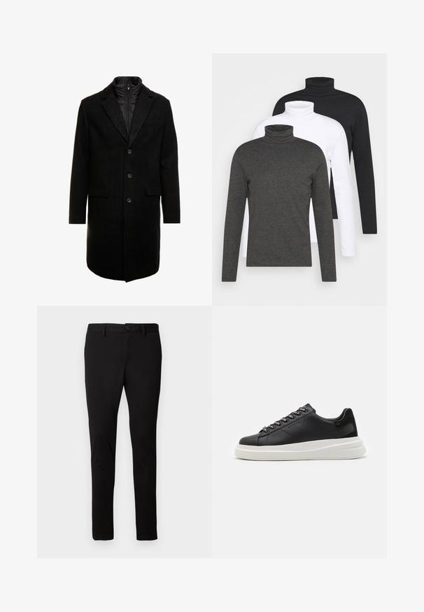 Black wool blend overcoat with a sleek design, featuring a zip-in insulated inner layer, three buttons, and two front pockets.; Three long-sleeve turtlenecks in dark gray, white, and black. Made of soft fabric with ribbed turtleneck design and fitted sleeves.; Black slim-fit trousers with belt loops, front button, and zipper closure, displayed on a plain light background.; Black leather sneaker with a white rubber sole, featuring flat laces and branded eyelets. Soft texture with a contrasting side accent.