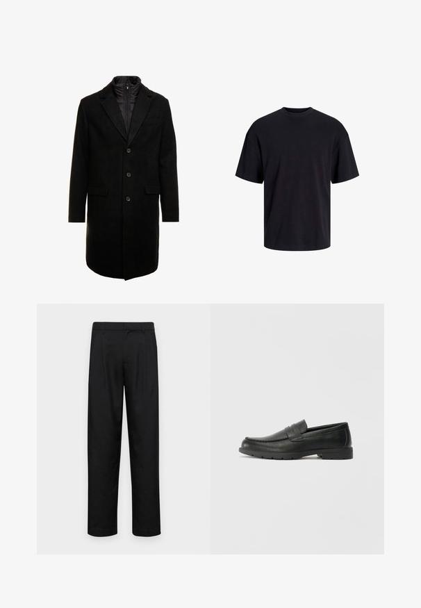 Black wool blend overcoat with a sleek design, featuring a zip-in insulated inner layer, three buttons, and two front pockets.; Black cotton t-shirt with a crew neckline, short sleeves, and a relaxed fit. Smooth texture and no visible patterns or accents.; Black trousers made of smooth fabric, featuring a straight-leg design, two front pleats, and standard waistband with belt loops.; Black leather loafers with a smooth finish, moccasin-style upper, stitched detailing, and a rubber sole. Classic design with a low heel.