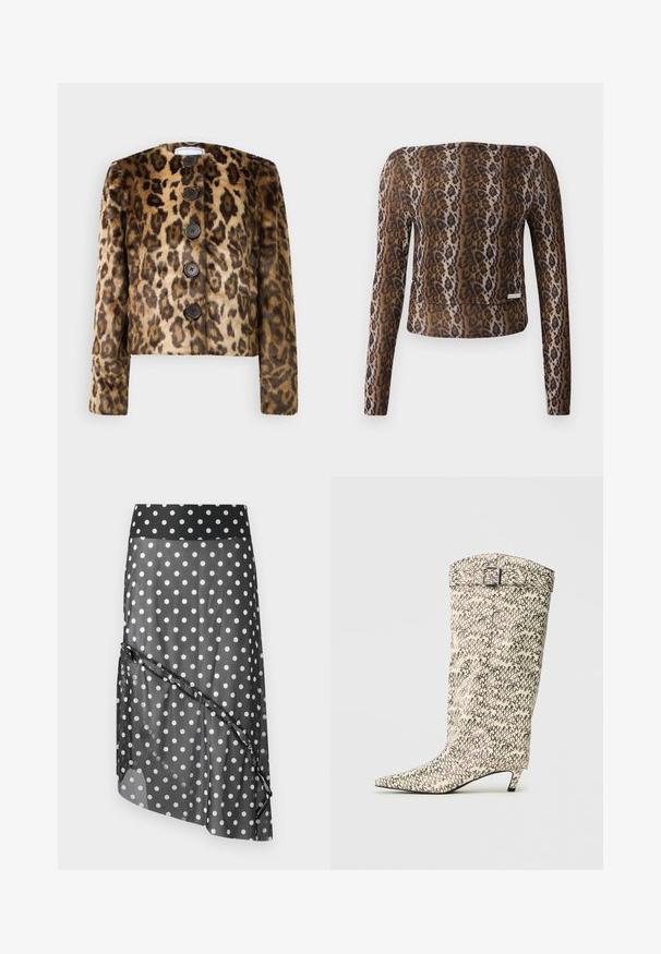 Leopardimustriga faux karusnahast jakk ümmarguse kraega, viie tumeda nupu ja pikkade varrukatega. Pehme tekstuur ja lühendatud disain.; Leopardi mustriga pika varrukaga lühike topp, millel on sile tekstuur, pruun ja must värvipalett ning tagasihoidlik logo aktsent alläärs.; Mustvalge täpiline seelik, millel on läbipaistev overlay, laia vöökoht ja kihiline asümmeetriline disain. Sile tekstuur ja kerge materjal.; Knee-high saapad, mis on valmistatud mustrilisest faux nahast kreemi- ja mustades toonides, millel on terav nina ja väike plokk-kand, millel on pandla detail.
