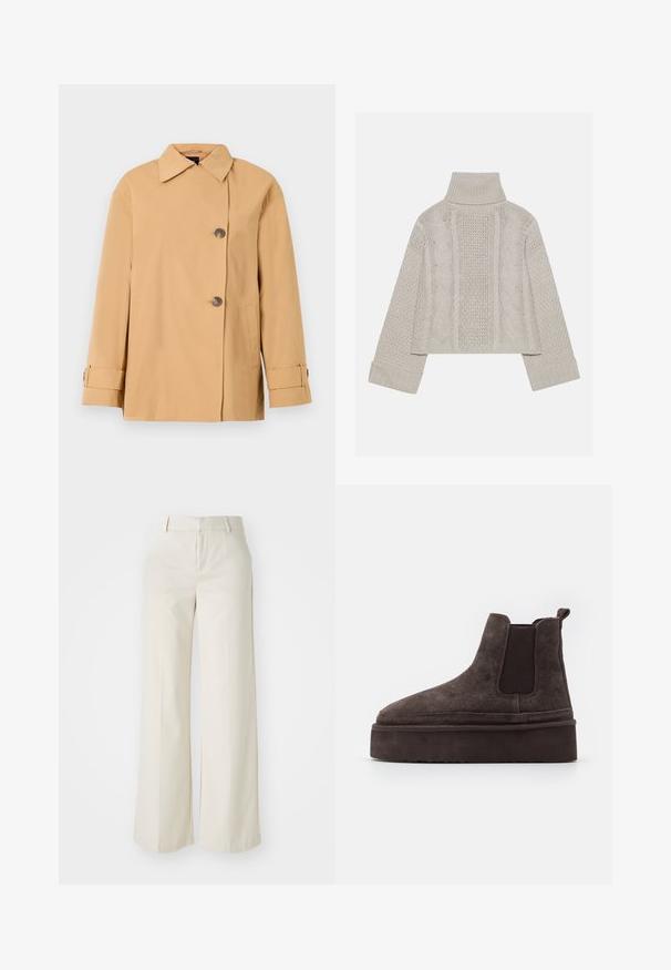 Béžová dvojradová bunda so širokým golierom, dvoma gombíkmi, bočnými vreckami a páskami na manžetách. Vyrobená z hladkej, ľahkej textílie.; Zastrihnutý svetlý sivý pletený sveter s vysokým golierom a rebrovanými manžetami, so štruktúrovanými káblovými vzormi na chrbte a po stranách.; Široké nohavice svetlej béžovej farby, vyrobené z hladkej textílie. Majú klasický pás a rovný predok s čistými líniami.; Hnedé semišové Chelsea topánky s elastickými bočnými panelmi a hrubou, štruktúrovanou platformou. Obsahujú pútko na päte pre jednoduché obúvanie.
