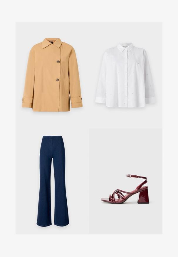 Beige doppelt geknöpfter Blazer mit breitem Kragen, zwei Knöpfen, seitlichen Taschen und Ärmelriemen. Hergestellt aus einem glatten, leichten Stoff.; Weißes Hemd mit langen Ärmeln aus leichtem Stoff, das kleine herzförmige Ausschnitte und einen klassischen Kragen aufweist.; Dunkelblaue, aus Denim gefertigte Schlagjeans mit elastischem Bund. Sie zeichnen sich durch eine glatte Textur und ein weites Beindesign bis zum Saum aus.; Lackrote burgundfarbene Sandalen mit Absatz und quadratischer Zehenpartie, die mehrere miteinander verflochtene Riemen und einen klobigen Blockabsatz aufweisen. Verstellbarer Knöchelriemen.