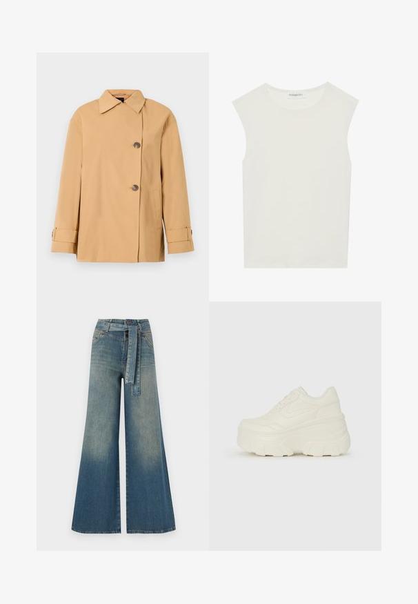 Beige dubbele-breasted jacket met een brede kraag, twee knopen, zijzakken en manchetten met bandjes. Gemaakt van een zachte, lichte stof.; Witte mouwloze top met een ronde halslijn. Gemaakt van gladde stof, het heeft een losse pasvorm en een minimalistisch ontwerp. Geen patronen of accenten.; Wijduitlopende denim broek met een lichte naar donkere blauwe gradient, hoge taille, riemlussen en een bijpassende stoffen riem. Gestructureerde denimafwerking.; Witte platform sneakers met een gladde leren bovenkant, afgeronde vorm, gewatteerde kraag en een gestructureerde rubberen zool met duidelijke profiel.
