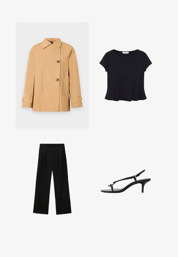 Beige double-breasted jacket with a wide collar, two buttons, side pockets, and cuff straps. Made from a smooth, lightweight fabric.; Black short-sleeve top made of soft fabric, featuring a rounded neckline and a flared hem with subtle seam detailing.; Black wide-leg trousers with pleats, featuring a smooth texture and a high waist design. Minimalist style, no visible hardware or embellishments.; Black leather kitten heel sandal with thin straps, gold buckle, and minimalist toe loop on a white background.