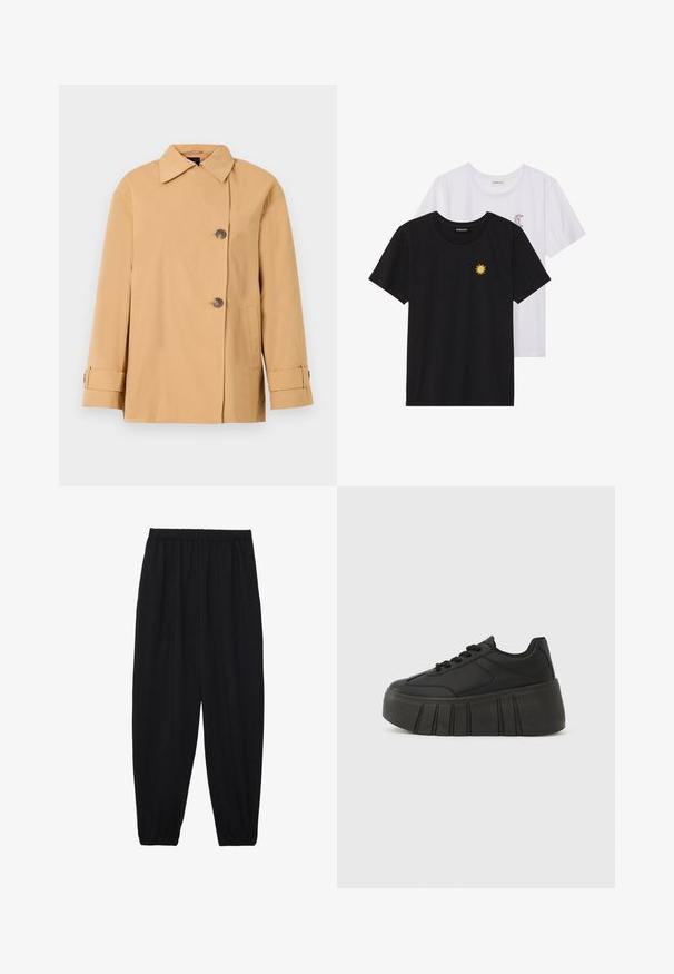 Beige doppelt geknöpfter Blazer mit breitem Kragen, zwei Knöpfen, seitlichen Taschen und Ärmelriemen. Hergestellt aus einem glatten, leichten Stoff.; Schwarz-weiße T-Shirts, Rundhals, kurze Ärmel. Das schwarze Shirt hat eine gelbe Sonnenstickerei; das weiße eine lila Halbmond-Akzent.; Schwarze, leichte Hosen mit einem elastischen Bund und gerafften Knöcheln. Der Stoff ist glatt und hat ein entspanntes, schmal zulaufendes Design.; Schwarze Plateau-Sneaker mit glattem synthetischem Obermaterial, abgerundetem Zehenbereich, Schnürdesign und dicker, profilierter Sohle für zusätzliche Höhe.