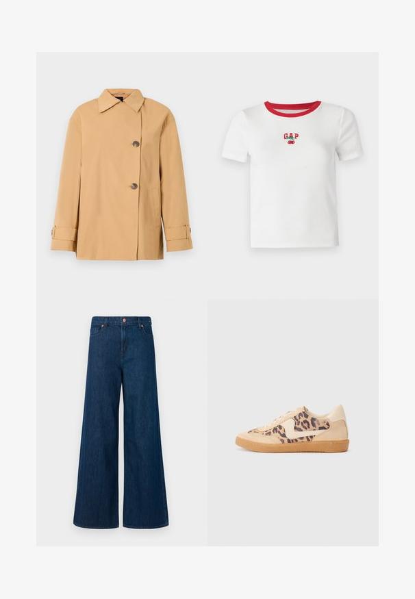 Beige double-breasted jacket with a wide collar, two buttons, side pockets, and cuff straps. Made from a smooth, lightweight fabric.; White short-sleeve t-shirt with red ribbed collar, featuring embroidered "GAP" text and cherry design on the front. Made of ribbed fabric.; Blue wide-leg denim jeans with front button closure, belt loops, and five-pocket design on a white background.; Leopard print sneakers with beige suede upper, tan rubber sole, and white accents. Round toe and lace-up design with a textured finish.