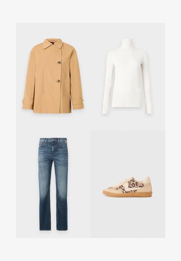 Chaqueta beige de doble botonadura con un amplio cuello, dos botones, bolsillos laterales y tiras en los puños. Fabricada en una tela suave y ligera.; Camisa de cuello alto de manga larga en color blanco roto, hecha de una tela suave y elástica con un diseño ajustado y textura acanalada.; Jeans de mezclilla azul oscuro con corte recto, desvanecimiento sutil en los muslos y costuras en contraste. Diseño clásico de cinco bolsillos con cremallera.; Zapatillas de leopardo con parte superior de ante beige, suela de goma marrón y acentos blancos. Punta redonda y diseño con cordones con un acabado texturado.