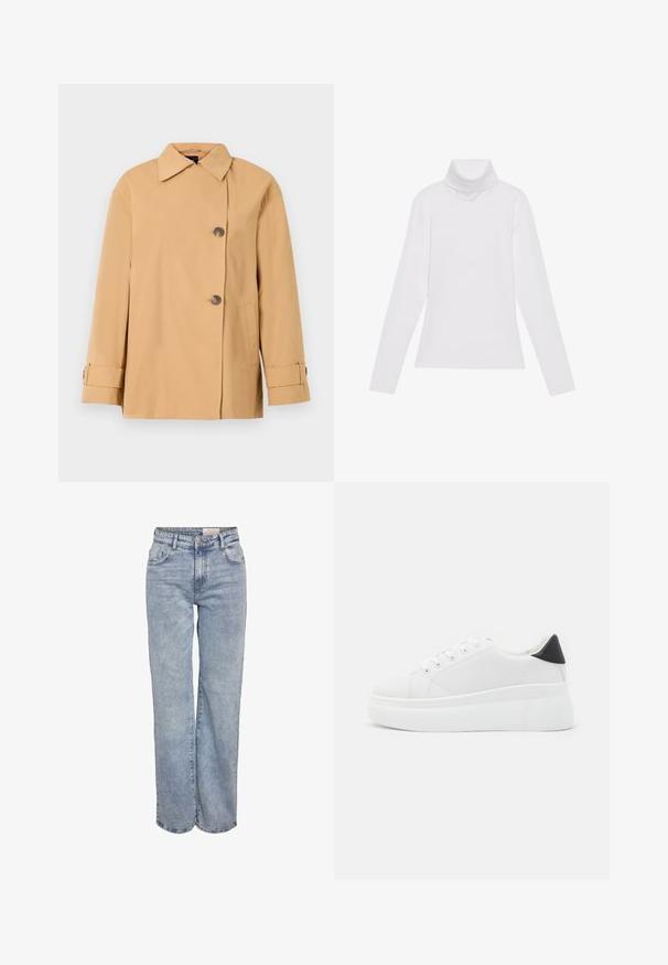 Veste beige à double boutonnage avec un large col, deux boutons, des poches latérales et des sangles aux poignets. Fabriquée dans un tissu lisse et léger.; Haut à col roulé à manches longues blanc, fabriqué en tissu lisse et extensible. Il présente un col haut et une coupe ajustée, sans motifs ni embellissements visibles.; Jeans larges bleu clair en denim, dotés d'une taille haute, d'un design à cinq poches et d'un léger dégradé pour un aspect usé.; Baskets plates blanches en matériau synthétique lisse, avec un bout arrondi, un design à lacets et une semelle en caoutchouc texturé. Accent de talon noir.