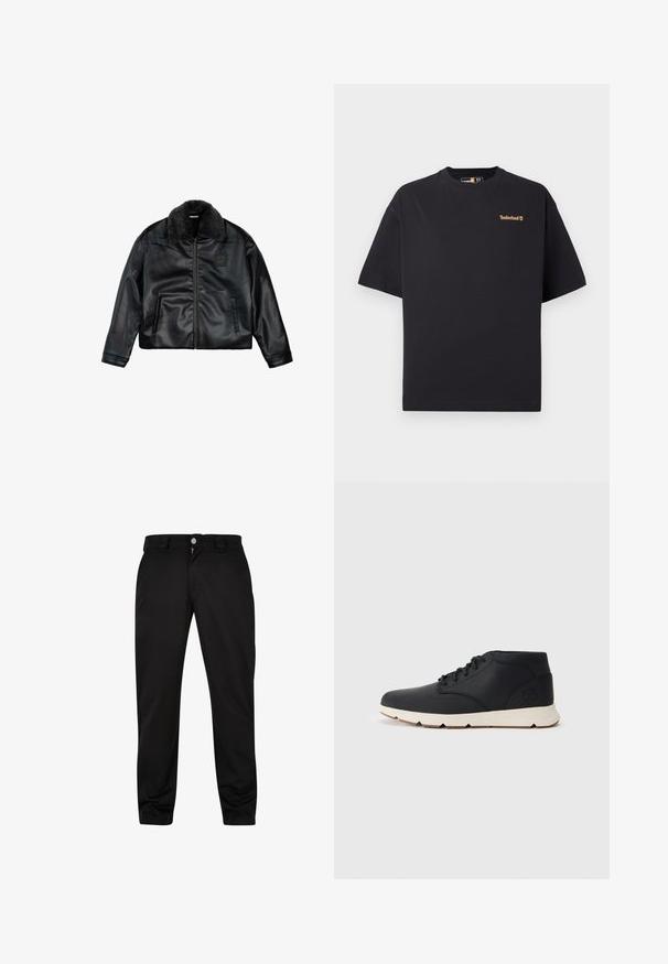 Veste en cuir noir avec un col en fausse fourrure, deux poches latérales et une finition texturée. Comprend une fermeture éclair à l'avant et des détails brodés.; T-shirt noir à col rond et manches courtes de Timberland avec un petit logo beige sur le côté supérieur gauche de la poitrine, présenté sur un fond blanc.; Pantalon noir en tissu lisse, avec une fermeture éclair, un bouton à l'avant et des poches latérales. Coupe ajustée avec un design épuré et minimaliste.; Bottes chukka en cuir noir avec une semelle en caoutchouc blanche, dotées de lacets ronds et d'un logo en relief sur le talon. Texture lisse sur toute la surface.