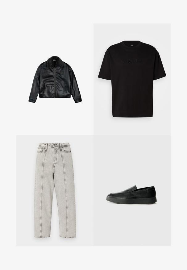 Mustmust nahkajope, millel on kunstlikust karvast krae, kaks külge taskut ja tekstureeritud viimistlus. Sisaldab eest lukku ja broderie detaile.; Must muströöpidega must puuvillane t-särk, millel on esiküljel reljeefne "Calvin Klein" logo, ümmargune kaelus ja lõdvestunud istuvus.; Halli kõrge vöökohaga teksad, mis on laia lõikega, sirge jala disainiga, nähtavate õmblustega ja kulunud tekstuuriga.; Calvin Klein HYBRID CUP - Jalga libistatavad jalanõud - triple black