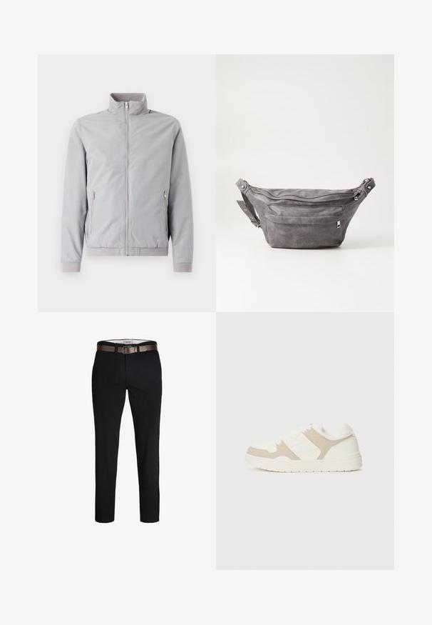 Svetlo siva jakna z dvignjenim ovratnikom, zadrgo in dvema stranskima žepoma na zadrgo. Ima rebraste manšete in pas ter gladko teksturo.; Bežna dolga pulover s dolgimi rokavi in klasičnim ovratnikom, z majhnim rjavim izvezenim logotipom na levem prsnem območju, predstavljen na enobarvni podlagi.; Črne bombažne hlače s ravnim krojem, opremljene z rjavim usnjenim pasom in gladko teksturo. Preprost dizajn, brez vidnih vzorcev ali poudarkov.; Bež in bela športna obuvala z mešanico gladkih in semiš tekstur, okroglo konico, vezalni sistem in raven gumijast podplat.; Sivkasta zamšasta torbica s okroglo obliko, dvema žepoma na zadrgo in nastavljivim trakom. Ima kovinske dodatke.