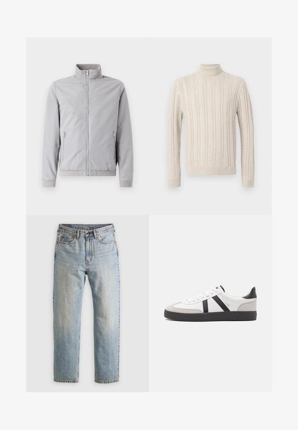 Lichtgrijze jas met een kraag die omhoog staat, ritssluiting en twee zijzakken met rits. Heeft ribgebreide manchetten en zoom, en een zachte textuur.; Beige, gebreide trui met een hoge, geribde col. Voorzien van een gestructureerd kabelpatroon en geribde manchetten en zoom, wat een gezellige uitstraling geeft.; Lichtblauwe denim jeans met hoge taille, frontknop, rits en vijfzakkenontwerp, plat gelegd op een neutrale achtergrond.; Witte sneaker met zwarte en grijze accenten, voorzien van een grijze neus met textuur, zwarte rubberen zool en platte witte veters. Schoon ontwerp, minimalistische stijl.