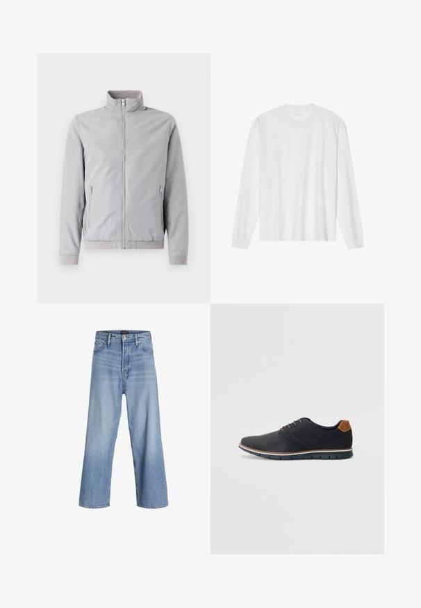 Világosszürke dzseki álló gallérral, cipzáras záródással és két oldalsó cipzáras zsebbel. Felső anyaga bordázott mandzsettákkal és szegéllyel, sima tapintású.; Hosszú ujjú fehér pamut póló, kerek nyakkivágással és bordázott mandzsettákkal. Egyszerű, díszítés nélküli dizájn, sima tapintással és normál fazonnal.; Világoskék farmer széles lábú nadrág magas derékkal, gombos zipzárral, öt zsebes kialakítással és enyhe kopással. Tiszta szegélyek.; Fekete szintetikus cipők, textúrált felsőrésszel, sima díszítésekkel, barna sarkával és kontrasztos talppal. Minimális fűzéssel és varrási részletekkel rendelkezik.