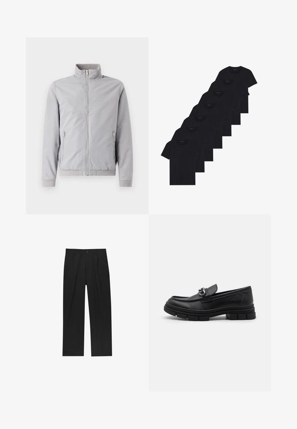 Lichtgrijze jas met een kraag die omhoog staat, ritssluiting en twee zijzakken met rits. Heeft ribgebreide manchetten en zoom, en een zachte textuur.; Set van acht zwarte katoenen T-shirts met korte mouwen en een ronde hals, met een eenvoudige uitstraling en een zachte textuur.; Zwarte broeken met een recht model, gemaakt van een gladde stof. Voorzien van een voorplooien en een enkele knoopsluiting bij de taille.; Zwarte leren instapper met een ronde neus, een decoratieve band en hardware, en een chunky, gestructureerde zool. Glad afwerking met subtiele details.