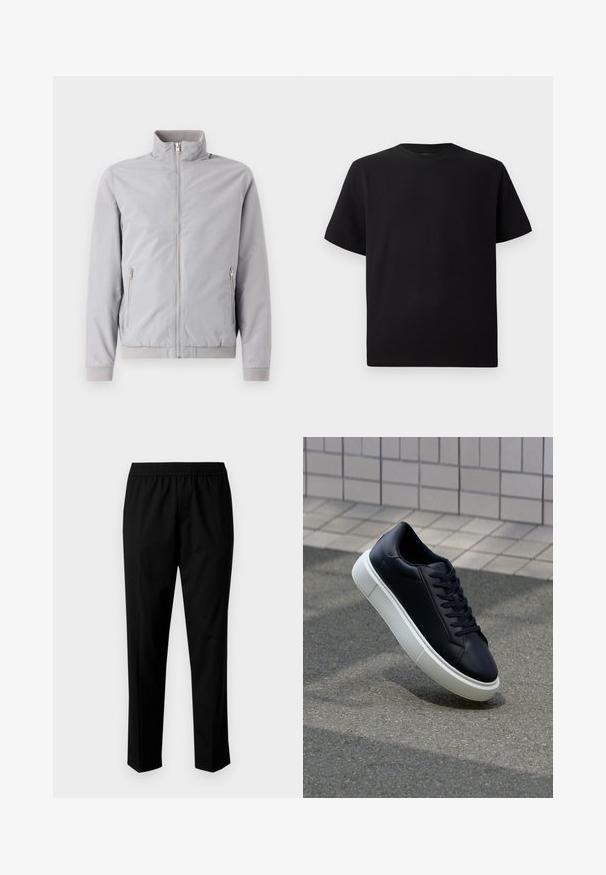 Heled hall jakkk, millel on püsti seisev krae, tõmblukuga kinnitus ja kaks külge tõmblukuga taskut. Omab soonikuid mansettides ja helves, siledat tekstuuri.; Must have lühikeste varrukatega must T-särk, mis on valmistatud tekstuursetest materjalidest, ümmarguse kaelusega ja lõdva lõikega. Lihtne, ilma mustrite või aktsentideta.; Mustad püksid elastse vöökoha ja sirgete säärekujundiga. Riie tundub sile ja matt, ilma nähtavate mustriteta.; Mustast nahast tennisetoss, millel on ümar nina ja valge kummist tall. Omab siredaid paelu ja minimaalset õmblemist ülemises osas. Tekstuuriga tald, mis tagab haakuvuse.