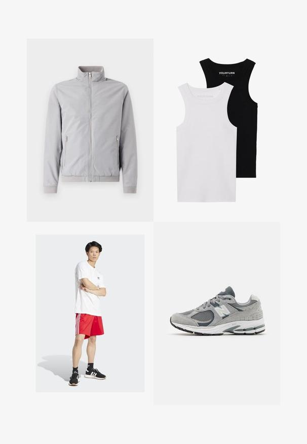 Heled hall jakkk, millel on püsti seisev krae, tõmblukuga kinnitus ja kaks külge tõmblukuga taskut. Omab soonikuid mansettides ja helves, siledat tekstuuri.; Kaks sobivat tanktoppi mustas ja valges. Valmistatud ribades puuvillast, neil on laiad rihmad ja ümarad kaelused. Bränding krael.; Sinine ja valge triibuline pikkade varrukatega särk klassikalise krae, nööbiväli ja ümmargune äär. Valmistatud kergest kangast.; Valge puuvillane t-särk, punased spordilühikesed püksid kolme valge riba ning mustad tossud valgete aktsentidega, seistes käed üle ristatud.; Hallide hallid, mis on valmistatud võrkkangast ja nahast, valge logo, pehme krae ja tekstuurse kummitaldega. Tumeda halli aksentidega.