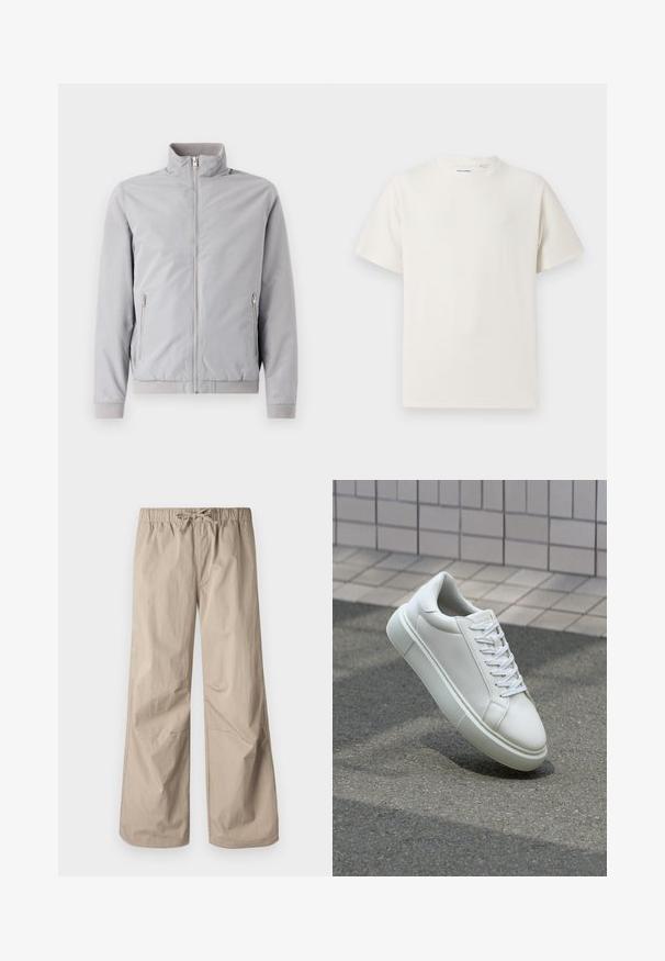 Casaco cinza claro com colarinho elevado, fecho de zip e dois bolsos laterais com zip. Apresenta punhos e bainha canelados, com textura suave.; T-shirt branco de manga curta em textura canelada. Gola redonda, ajuste descontraído, sem padrões ou detalhes visíveis. Design simples e versátil.; Calças largas bege com cintura elástica e cordão. Textura suave, dois bolsos laterais e costuras mínimas para um ajuste descontraído.; Tênis de couro branco com superfície lisa, bico redondo e cadarços brancos planos. Apresenta uma sola de borracha texturizada e elementos de design minimalistas.