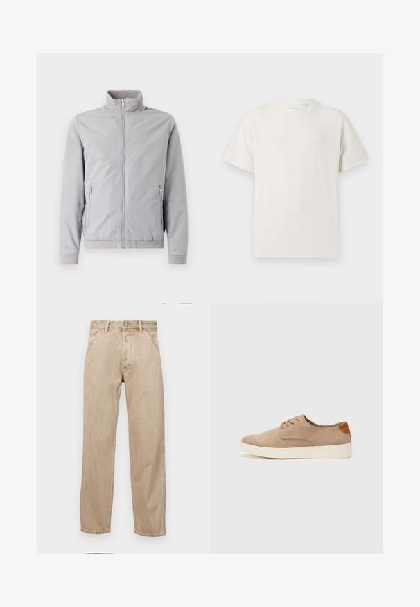 Heled hall jakkk, millel on püsti seisev krae, tõmblukuga kinnitus ja kaks külge tõmblukuga taskut. Omab soonikuid mansettides ja helves, siledat tekstuuri.; Valge lühikeste varrukatega T-särk ribakudumises. Ümar kaelus, mugav lõige, nähtavad mustrid ega aksessuaarid puuduvad. Lihtne ja mitmekesine disain.; Bežidemini teksased sirgjoonise kujundusega, front pocket'itega, metallist nööbi kinnitusega ja peene tekstuuriga.; Beežid nahast tossud ümarate varvastega, paeltega esiosa ja tekstuuriga tagakontuuriga. Valge kummist tallapakkumine loob kontrasti. Lihtne ja kaasaegne disain.