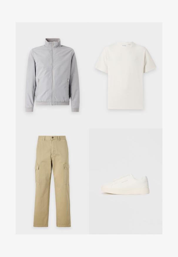 Light gray jacket with a stand-up collar, zip closure, and two side zip pockets. Features ribbed cuffs and hem, smooth texture.; White short-sleeve T-shirt in a ribbed texture. Round neckline, relaxed fit, no visible patterns or accents. Simple and versatile design.; Beige cargo pants made of cotton, featuring two side pockets, a button closure, and straight legs with a slightly textured fabric.; White slip-on sneakers with a textured surface, a thick sole, and minimalistic design. Features brand logo on the side.