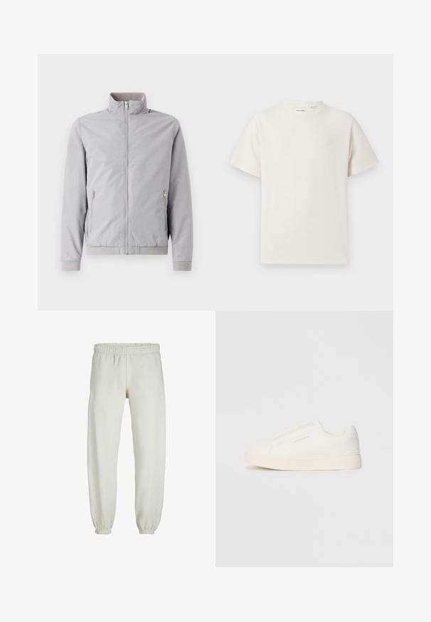 Világosszürke dzseki álló gallérral, cipzáras záródással és két oldalsó cipzáras zsebbel. Felső anyaga bordázott mandzsettákkal és szegéllyel, sima tapintású.; Fehér, rövid ujjú póló bordázott textúrával. Kerek nyakkivágás, laza szabás, nincs látható minta vagy díszítés. Egyszerű és sokoldalú dizájn.; Fehér melegítőnadrág, puha anyagból készült, rugalmas derékrésszel és mandzsettával, sima tapintású és laza szabású.; Fehér slip-on sportcipők texturált felülettel, vastag talppal és minimalista dizájnnal. Az oldalon a márka logója található.