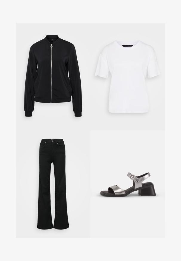 Czarna kurtka bombowiec z zamkiem z przodu, ściągaczami przy mankietach i okrągłym dekoltem. Gładki materiał z bocznymi kieszeniami i dopasowanym krojem.; Biała koszulka z krótkim rękawem wykonana z bawełny. Posiada okrągły dekolt i luźny krój, z prostym wzorem i bez widocznych wzorów czy akcentów.; Czarne dżinsy w kształcie dzwonu wykonane z denimu, z wysokim stanem, pięcioma kieszeniami i metalowym zapięciem. Gładka faktura z minimalnym zdobieniem.; Srebrne skórzane sandały z otwartym palcem, z szerokim paskiem z przodu, paskiem na kostkę z klamrą oraz średnim blokowym obcasem.