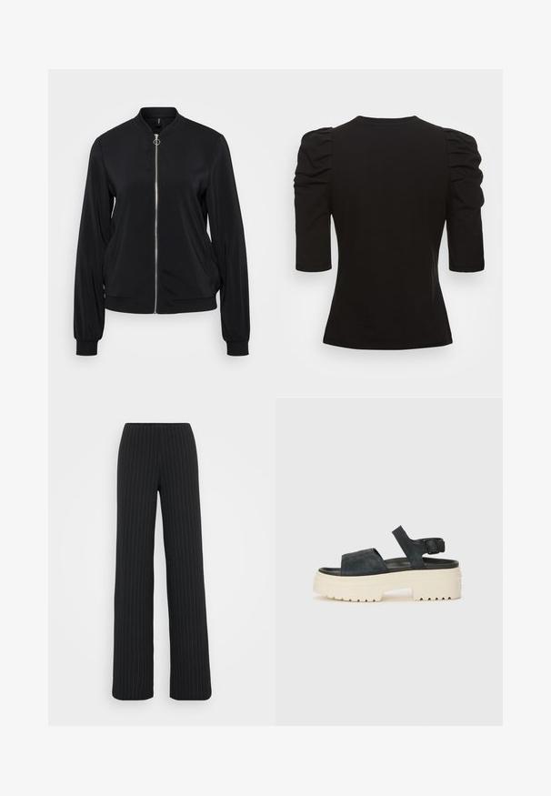 Čierna bomber bunda s predným zipsom, rebrovanými manžetami a okrúhlym výstrihom. Hladký materiál s bočnými vreckami a priliehavým strihom.; Vero Moda Tall VMEGAMAXI - Základné tričko - black; Vero Moda Tall VMBERLIN MY WIDE - Nohavice - obsidian/oatmeal; Čierne zamšové platformové sandále s hrubou bielou podrážkou, širokým predným remienkom a nastaviteľným členkovým zapínaním. Textúrovaná podrážka pre lepšiu priľnavosť.