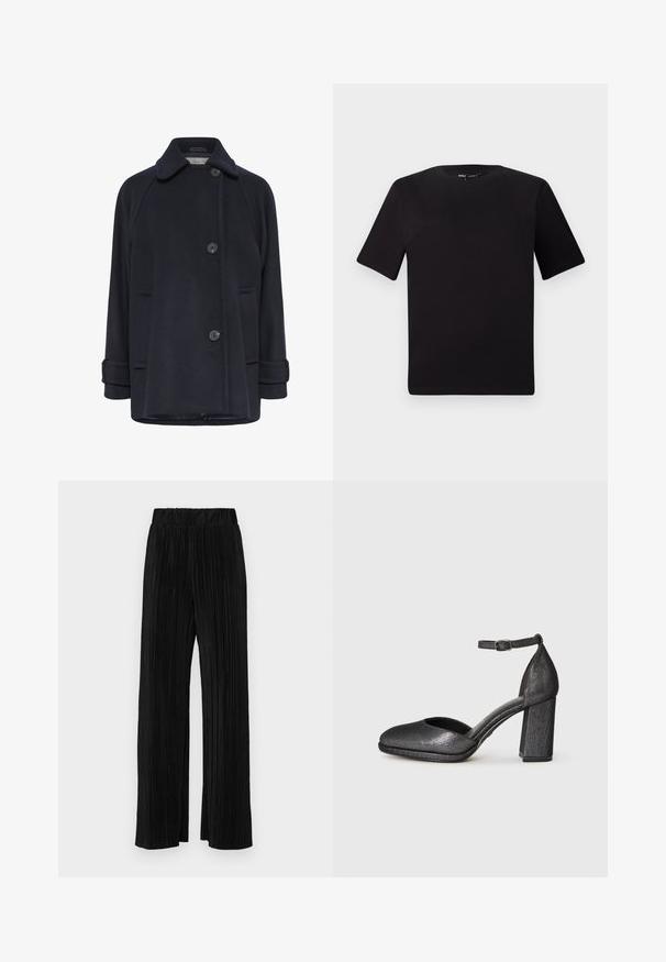 Palton din lână bleumarin cu guler deschis, două închideri cu nasturi, buzunare laterale cu clapă și manșete răsucite. Textură moale și croială lejeră.; Tricou scurt negru cu mânecă scurtă și guler rotund, realizat dintr-un material de bumbac moale. Design simplu, fără logo-uri sau modele vizibile.; Pantaloni negri plisati cu talie elastică. Prezintă picioare largi și un material neted, texturat, cu dungi verticale.; Pantof cu toc texturat, de culoare neagră, cu vârful rotunjit, curea la gleznă și toc pătrat. Materialul are o ușoară strălucire și o finisare netedă.