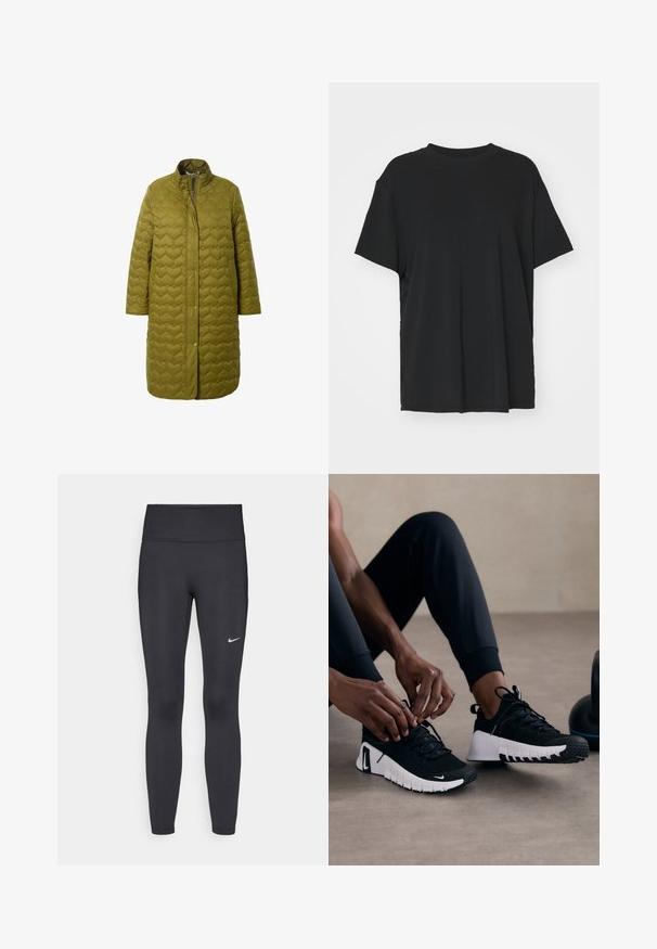 Abrigo acolchado de color verde oliva con un cuello alto, patrón de rombos en forma de corazón, cierres de presión y mangas largas, con un corte recto.; Camiseta negra de manga corta hecha de tejido suave, con cuello redondo y corte holgado. Presenta aberturas laterales para mayor comodidad y transpirabilidad.; Leggings negras de tela elástica, con una cintura alta y un logo blanco de Nike en el muslo izquierdo. Textura suave, diseño ajustado.; Zapatillas deportivas negras con parte superior texturizada en negro, suela blanca y banda de goma. Los cordones están atados, mostrando un diseño elegante y el logo.