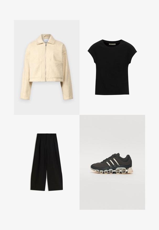 Korte crèmekleurige jas van zacht, textuurmateriaal. Voorzien van een kraag, een ritssluiting aan de voorkant en twee vierkante zakken op de borst.; Zwart T-shirt met korte mouwen en een ronde halslijn. Gemaakt van soepel, rekbaar katoenen stof. Eenvoudig ontwerp zonder patronen of afbeeldingen.; Zwarte wijde pijpen broek van gladde stof, met een hoge taille, plooien aan de voorkant en geen zichtbare versieringen of patronen.; Zwarte sportschoen met een gestructureerde bovenkant, drie zilveren strepen en een kenmerkende dempingszool met meerdere geïntegreerde secties.