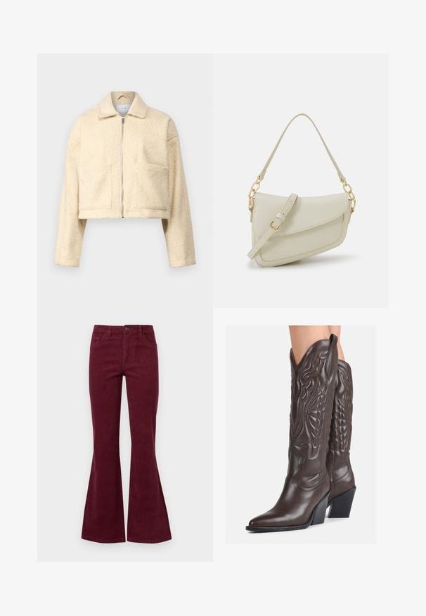 Korte crèmekleurige jas van zacht, textuurmateriaal. Voorzien van een kraag, een ritssluiting aan de voorkant en twee vierkante zakken op de borst.; Zwarte langärmelige top van gestructureerde kant, met een geschulpte halslijn en een aansluitend ontwerp met een cropped silhouet.; Bordeaux corduroy flare jeans met vijf zakken, een sluiting met een knoop aan de voorkant en een gestructureerde stof. De flare loopt van de knie tot de zoom.; Bruine leren cowboylaarzen met een spitse neus en blokhak, voorzien van gedetailleerde stiksels en verhoogde accenten op de schacht.; Kleine crèmekleurige handtas met een textuurafwerking, een lange verstelbare schouderband, een kettingaccent en een klepsluiting. Gouden hardware-details.