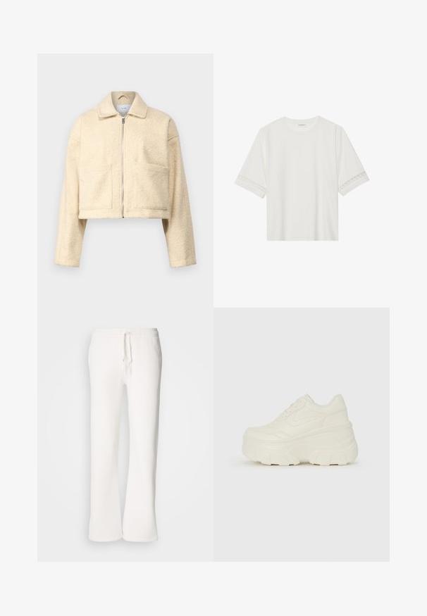 Afskåret cremet jakke lavet af blødt, textureret materiale. Har krave, lynlås fortil og to firkantede lommer på brystet.; Hvid kortærmet t-shirt lavet af bomuld, med dekorativ blondekant langs ærmerne og en rund halsudskæring.; Hvide, afslappede sweatpants lavet af blødt materiale, med elastisk talje og snor samt lige ben.; Hvide platform sneakers med en glat læderlignende overdel, rund form, polstret krave og struktureret gummisål med definerede riller.