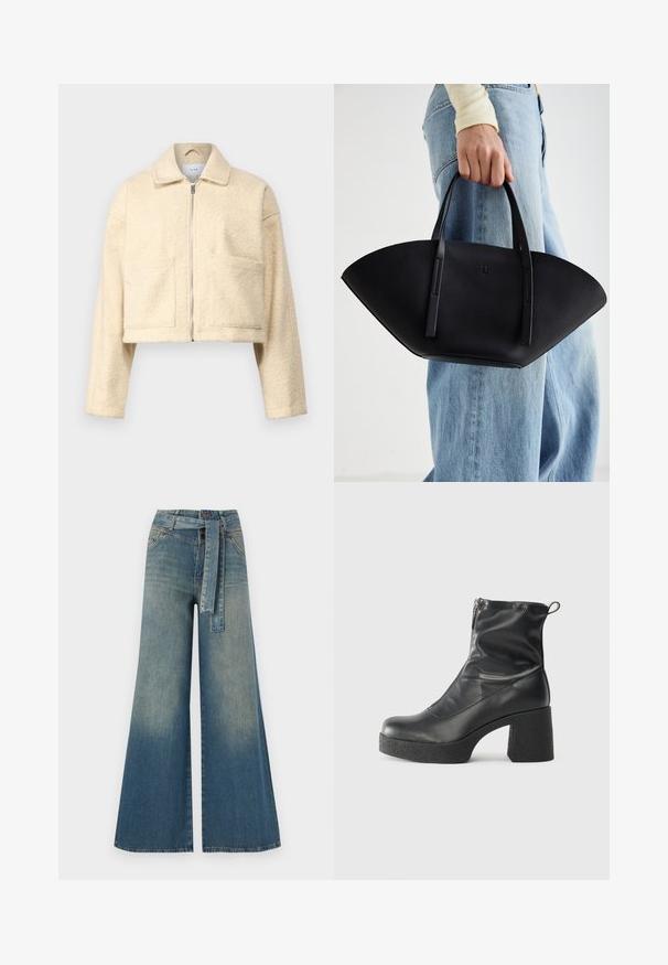 Afskåret cremet jakke lavet af blødt, textureret materiale. Har krave, lynlås fortil og to firkantede lommer på brystet.; Sort bomulds T-shirt med korte ærmer, prydet med en lille pink sommerfugl grafik på venstre bryst. Rund hals design med en afslappet pasform.; Bredbens-denimbukser med en lys til mørk blå gradient, høj talje, bælteløkker og et matchende stofbælte. Tekstureret denimfinish.; Sorte ankelstøvler lavet af glat læder, med en sidelukning, kraftig struktureret hæl og rundt tådesign.; Sort læderhåndtaske med en unik vifteform, der har flade håndtag. Overfladen har en pebblelignende tekstur og et minimalistisk design.