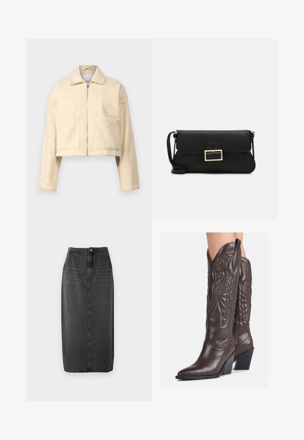 Jachetă crem, scurtă, confecționată dintr-un material moale și texturat. Are guler, fermoar în față și două buzunare pătrate pe piept.; Top alb fără mâneci, confecționat din material ribbed, prezentând un decolteu rotund și o siluetă ajustată, cu cusături minime și fără ornamente.; Fustă midi din denim negru cu tăietură dreaptă, închidere cu nasturi în față și buzunare laterale. Prezintă o textură netedă și o decolorare subtilă.; Bocanci de cowboy din piele maro, cu vârf ascuțit și toc pătrat, având cusături detaliate și accente ridicate pe tijă.; Geantă de mână din piele neagră, cu clapetă și un detaliu din metal auriu. Include o curea neagră și un design elegant, minimalist.