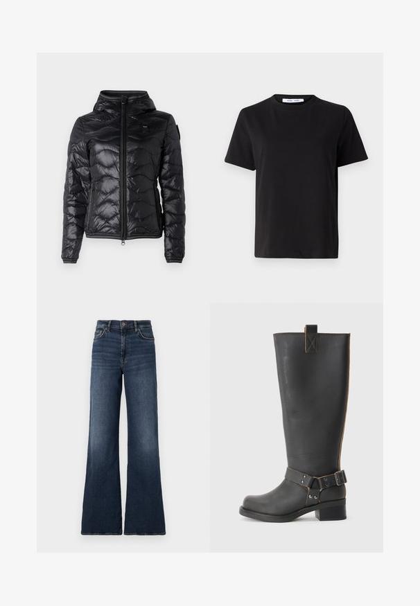 Blauer CAMELIA - Down jacket - nero; Black short-sleeve t-shirt made of soft cotton, featuring a round neckline, relaxed fit, and a smooth texture. No visible patterns or graphics.; Wide-leg dark blue denim jeans with a high waist. Features classic five-pocket design and subtle fading on the thighs. Metal button closure.; Black leather knee-high boot with a textured finish, featuring a side buckle accent and a low heel. Detailed stitching along the seams.