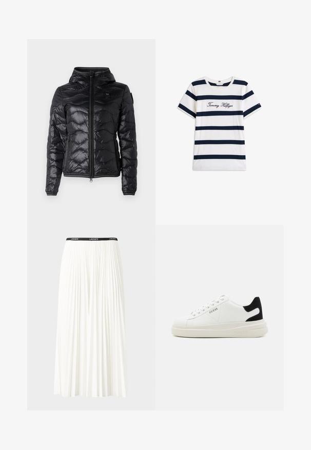 Blauer CAMELIA - Down jacket - nero; Cotton T-shirt with horizontal navy stripes on a white background. "Tommy Hilfiger" embroidered in cursive on the chest. Crew neckline.; Pleated white skirt with a black elastic waistband featuring the "LACOSTE" logo. Mid-length design with soft texture.; White leather sneakers with a thick white sole, black suede heel accent, and embossed logo on the side. Laced design with six eyelets.