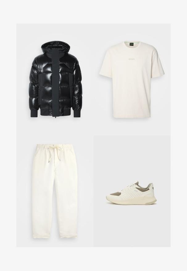 BOSS RONNIE - Pūkinė striukė - black; BOSS TEE - Paprasti marškinėliai - open white; Šviesiai kreminės spalvos, laisvalaikio kelnės iš minkštos medžiagos. Turi elastinį juosmenį su raišteliais ir siaurėjantį kojų dizainą.; Baltas ir šviesiai bežinis sportinis kedas, su tinklo viršumi, perforuotais detalėmis ir tekstūruotu tarpine su logotipu ant kulno.