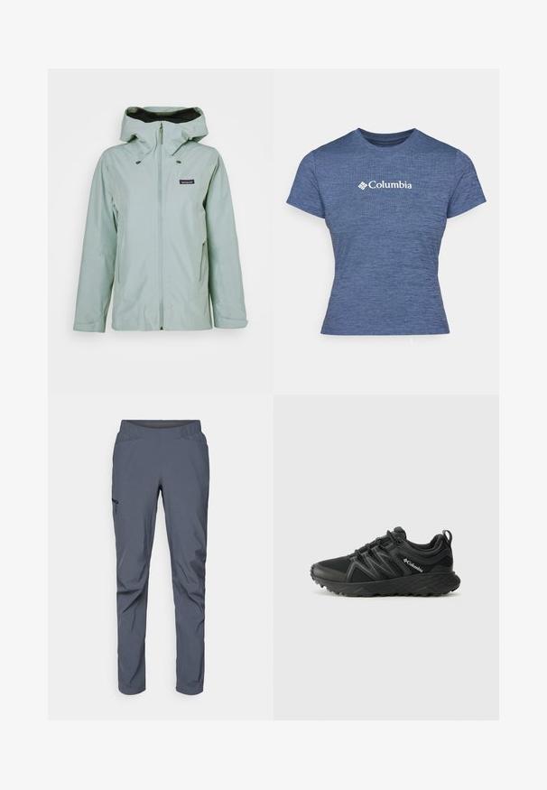 Patagonia STORM SHIFT - Μπουφάν σκι - thermal blue; Μπλε κοντομάνικο μπλουζάκι από υφασμάτινη χειροποίητη ύφανση, με το λογότυπο Columbia σε λευκό χρώμα στο στήθος, στρογγυλή λαιμόκοψη και εφαρμοστή γραμμή.; Γκρι παντελόνια επίδοσης με ελαστική μέση, δύο μπροστινές τσέπες και τσέπη με φερμουάρ στο πλάι. Ξεχωριστή υφή και κωνικό τελείωμα.; Columbia PEAKFREAK - Παπούτσια πεζοπορίας - black